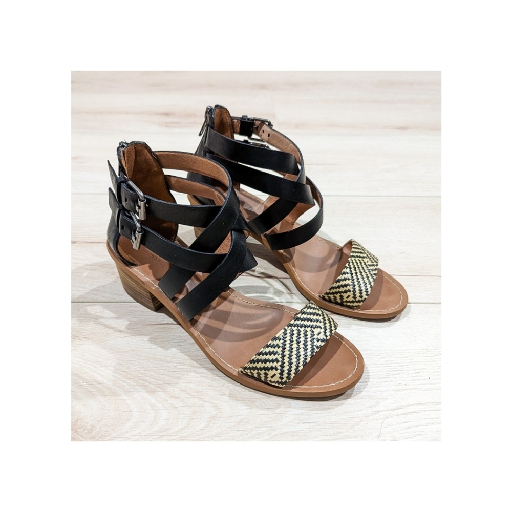 Madewell Lora Block Heel Sandals in Black Leather and Woven Straps, Size 7